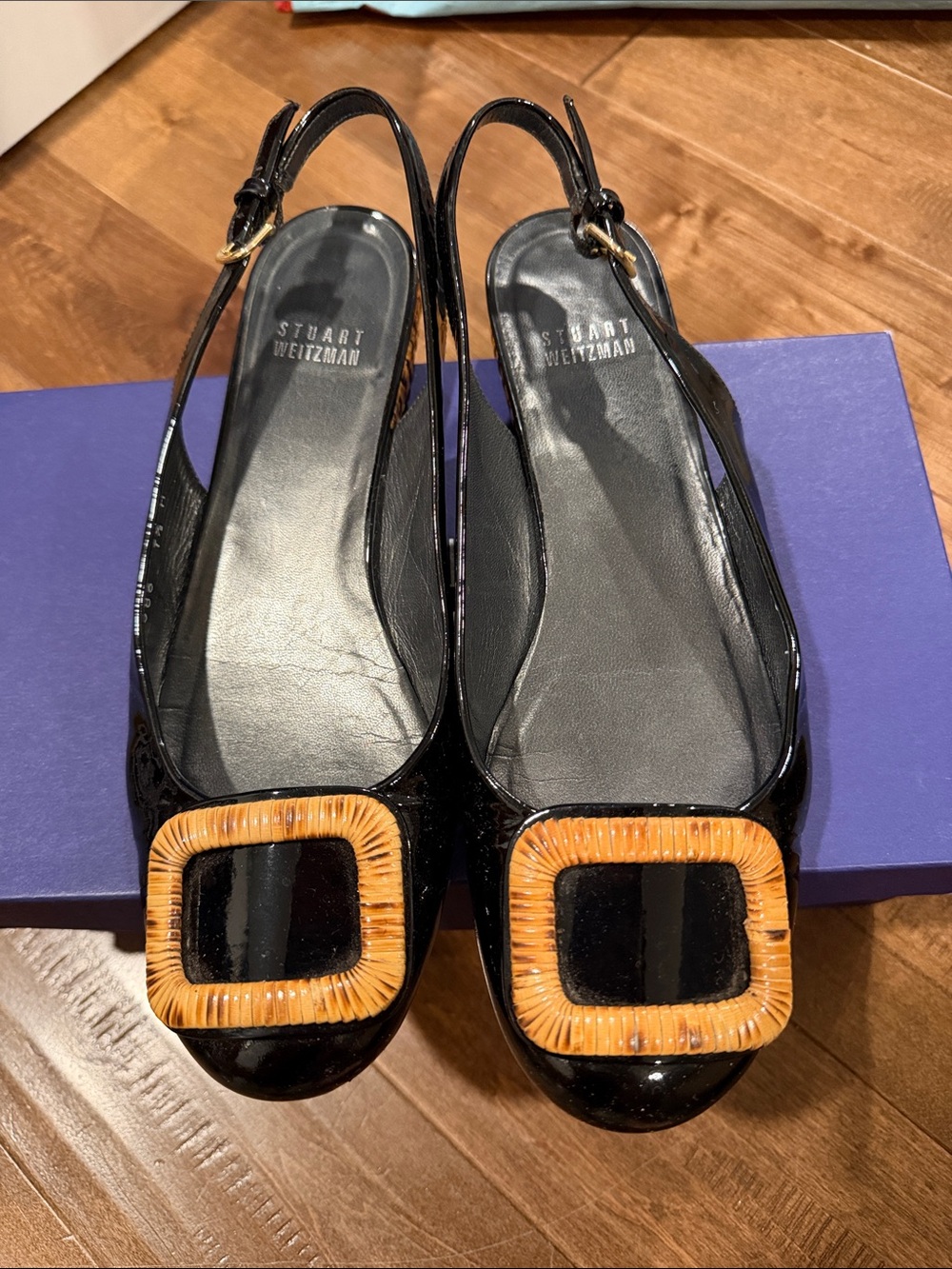 Stuart Weitzman Black Patent Slingback Flats with Tan Buckle Accent